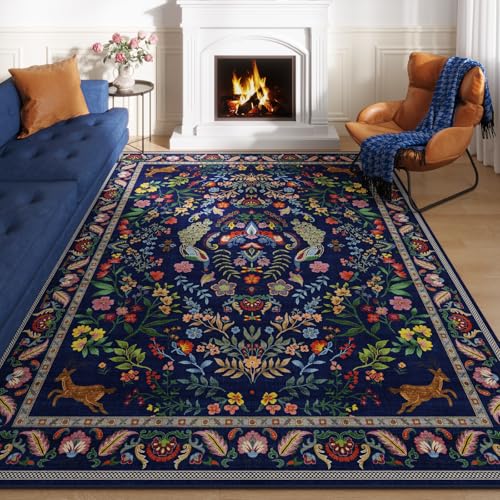 Rugcomf 8x10 Area Rugs for Living Room Washable Rug Floral Non-Slip Large Rug for Living Room, Bedroom, Farmhouse, Dining Room, Kids Playroom(Blue) - color: Blue, size: 8' x 10' (Rectangular)