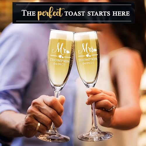 Mr and Mrs Wedding Toasting Champagne Flutes with Box, Set of 2 Glasses With Black Box, Laser engraved Tosting Flutes Engraved Personalized Glasses for Bride and Groom - color: Wedding-13, style: Glasses + Gift Box
