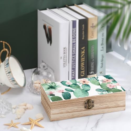 Wood Storage Box Green PatternRetro Decorative Organizer with for Photos Letters Keepsakes for Home Study Desk