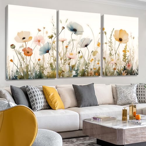 Wildflower Meadow Canvas Wall Art – 3 Panel Botanical Floral Print in Soft Pastel Colors – Modern Farmhouse Decor for Bedroom, Living Room, or Entryway (12" x 18" x 3 pcs) - size: 12" x 18" x 3 pcs