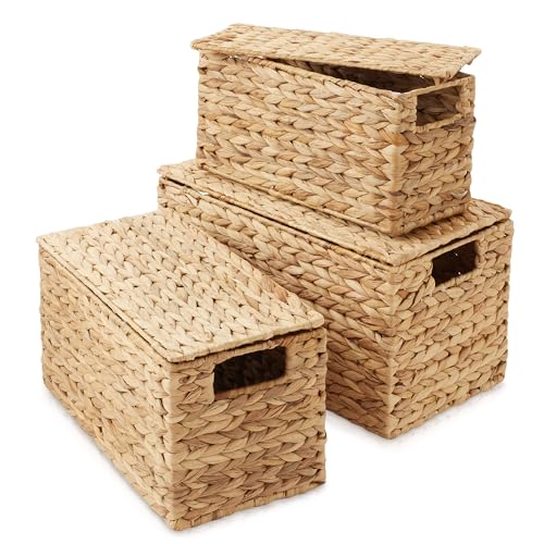 Casafield Set of 3 Water Hyacinth Storage Baskets with Lids, Natural - Small, Medium, Large Woven Nesting Bins for Bathroom, Bedroom, Closets, Shelves