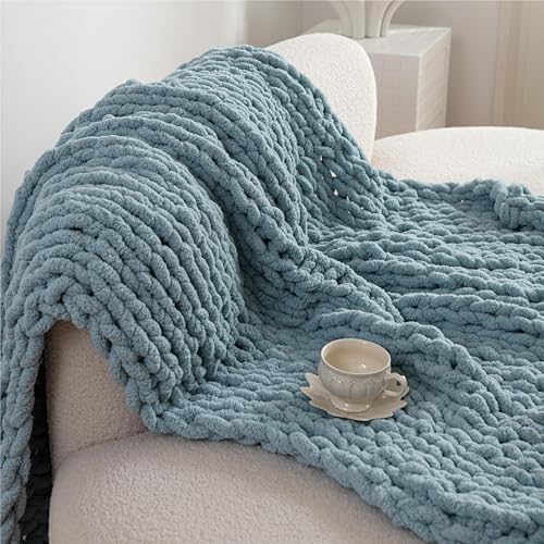 Chunky Knit Blanket Throw for Couch 50"×60" Turquoise | 100% Handmade Knitted Throw Blanket Fluffy Soft Blanket with Jumbo Chenille Yarn Thick - color: Turquoise, size: 50"*60"