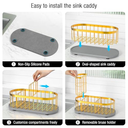 Sink Caddy Kitchen Sink Organizer, Sponge & Brush Holder, Stone Drying Mat - color: Gold