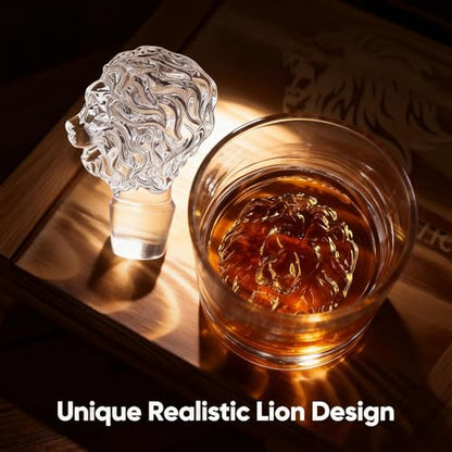 Lion Head 14-Piece Crystal Whiskey Decanter Set - 750ml Lead-Free Hand-Blown, 2 Glasses, 6 Stainless Stones, Coasters & Pine Gift Box - Engraving Ready for Him, Birthday Anniversary