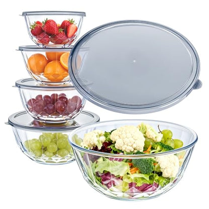 Luvan 5-Piece Glass Mixing Bowls Set with Lids - Clear Salad Bowls with Lids Set, Diamond Pattern Large Glass Mixing Bowl for Baking Prep, Serving & Storage - color: Clear Gray