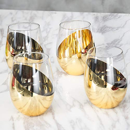 MyGift Luxury Stemless Wine Glasses Gift Set of 4 Modern Brass Accent Barware, Elegant Red Wine Glasses for Anniversary & Wedding Gifts - color: Brass-4