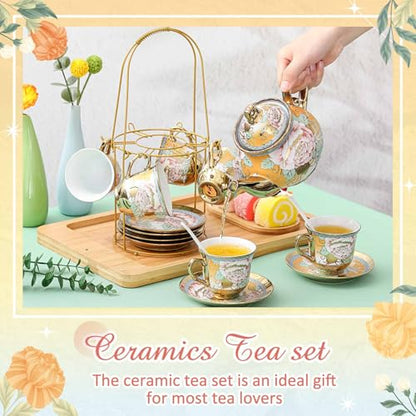 Zhehao 20 Pcs Porcelain Tea Set with Metal Holder and Spoon Adult Ceramic Tea Set European Flower Painting Teapot Cup Saucer Spoon for Women Mom Gift, Large Version (Classic Style) - color: Classic Style