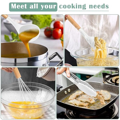 E-far Silicone Cooking Utensils Set, 446℉ Heat Resistant 10PCS Kitchen Utensils Set with Wooden Handle for Nonstick Cookware, Kitchen Tools Spatula Whisk Tongs Ladle, Non-toxic & Healthy, White - color: White, size: 10