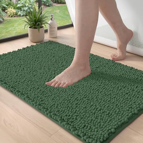 DEXI Bathroom Rugs 32x20, Super Soft Thick Chenille Absorbent Bath Mat, Non Slip Machine Washable Fluffy Shag Bathmat for Tub, Shower Floor, Green - color: Green, size: 32" X 20" (Rectangular)