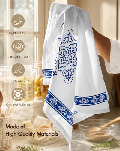 Flour Sack Kitchen Towels Set of 2, 18x26 Inch, Geometric Line | 150GSM Cotton, Lint-Free, Quick Dry, Hanging Loop, Lightweight Tea Towels, French Home Decor, Chinoiserie, Housewarming Gift - color: Geometric Line