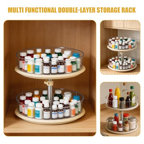 2 Tier Lazy Susan Turntable Organizer for Medicine Cabinet, 11 Inch White Rotating Spice Rack for Countertop, Pantry, Bathroom, Clear Large Storage for Bottles and Jars