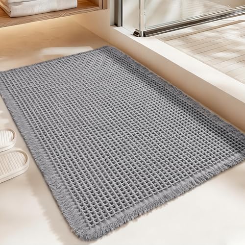 Luxury Waffle Bath Mat, Super Absorbent Non Slip Bathroom Rugs, Boho Ultra Soft Comfort Machine Washable Quick Dry Floor Mats with Tassels (Grey, 20" x 30") - color: Grey, size: 20" X 30"