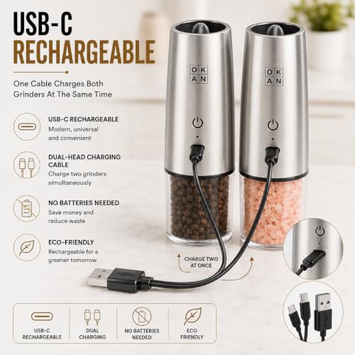 Automatic Electric Gravity Salt and Pepper Grinder Set, Rechargeable, One-Hand Operation, Dual USB-C Charging Cable, Adjustable Ceramic Burr, LED Light, Stainless Steel, 3.4 Oz - color: Stainless Steel