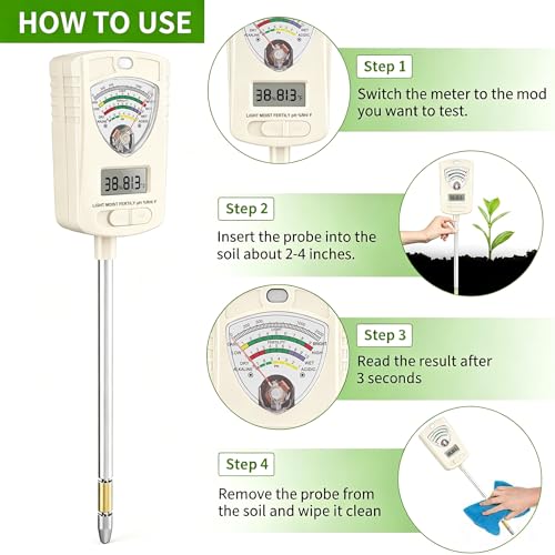 Soil Moisture Meter, 7-in-1 Soil Test Kit with Moisture/pH/Temperature/Sunlight/Air Humidity/Fertility, Soil Tester for Farming, Plants Gardening, Lawn, Gardening and Outdoor Plants
