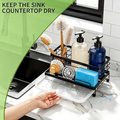 Cisily Sponge Holder for Kitchen, Sink Caddy Organizer, Kitchen Sink Accessories with Drip Tray, Rustproof and Non-slip Kitchen Sink Sponge Holder (Black) - color: Black