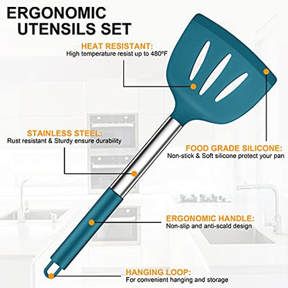 LIANYU 27 PCS Kitchen Utensils Set with Holder, Silicone Cooking Utensils Spatula Set with Stainless Steel Handle, Kitchen Cooking Gadgets Tools for Nonstick Cookware Set, Heat Resistant, Blue - color: Blue