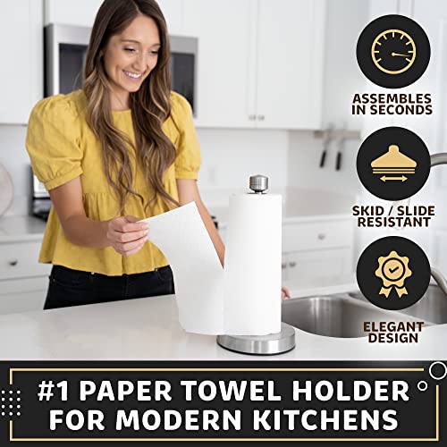 Heavy-Duty Stainless Steel Paper Towel Holder - Easy One-Handed Tear with Suction Cups - Modern Weighted Standing Countertop Dispenser for Kitchen - Holds All Paper Towel Rolls, Silver - color: Silver
