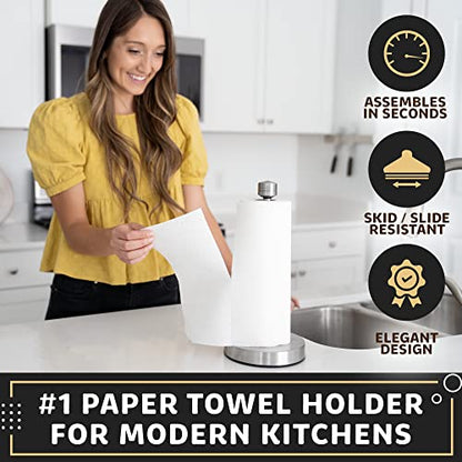 Heavy-Duty Stainless Steel Paper Towel Holder - Easy One-Handed Tear with Suction Cups - Modern Weighted Standing Countertop Dispenser for Kitchen - Holds All Paper Towel Rolls, Silver - color: Silver