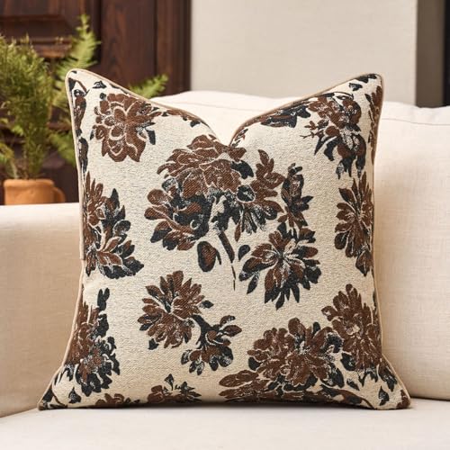 Beige Brown Floral Throw Pillow Cover 18x18 Fall Vintage Flower Pillow Cover Farmhouse Cushion Cover Neutral Summer Outdoor Chenille Pillowcase Home Decor for Couch Sofa Bedroom Living Room - color: F-beige and Brown, size: 18" x 18" (Pack of 1)
