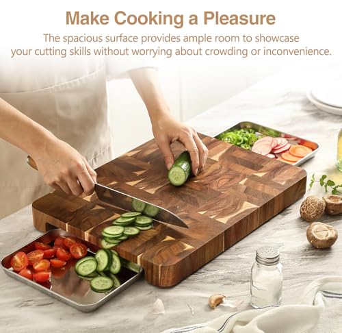 XINZUO Large Thick End Grain Acacia Wood Cutting Board -(16‘’L x 12''W x 1.6''T)-Dark Wood Cutting Board,Reversible Wooden Chopping Board with Non-Slip Feet-Catches Food and Waste-Giftbox - size: 16"L x 1"W
