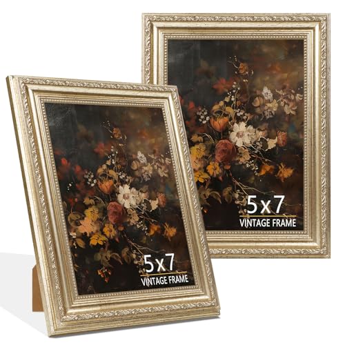 5x7 Ornate Vintage Picture Frame, Distressed Champagne Silver Photo Frame 5 x 7 with Gold Floral & Beaded Details, Antique-Style Wall & Tabletop Decor for Home Office – 2 Pack - color: Distressed Champagne Silver, size: 5x7 - 2 Pack