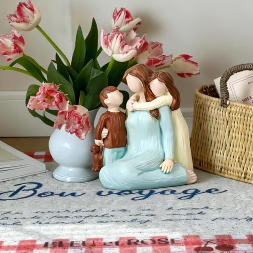 Mother and Child Figurines Gift, Mum Cuddle Kids Statue,Hand-Painted Resin Mom and 2 Kids Figurines, Mother Son Daughter Sculpted Gifts for Mother’s Day, Anniversary, Birthday, Christmas - color: Mother's Loving Embrace