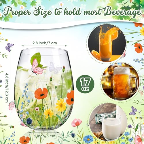 Sliner 2 Pack 17oz Wildflower Stemless Wine Glasses Floral Butterfly Drinking Glasses Spring Flowers Tumbler Cups for Graduation Wedding Mother's Day Birthday Drinking Party Favors - style: Wildflower