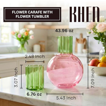 Cute Wave Flower Glass Carafe Bedside Water Pitcher & Cup Set - 44oz Handblown Round Pink Cherry Pitcher with 6.8oz Glass Green Flower Tumbler - Aesthetic Unique Fruit Glassware for Juice Wine & Water