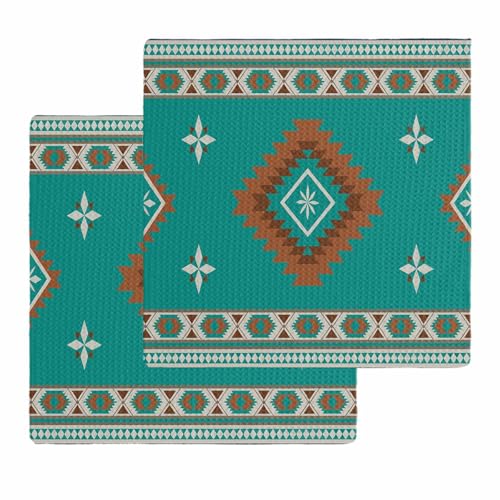 Teal Southwest Dish Towels Waffle Kitchen Towels Set, Absorbent Quick Drying Towel Cleaning Abstract Western Boho Tribe Geometric Hand Towels for Bathroom 2 Pack Dish Cloths 12"x12" - color: Classickon0005, size: 2PCS-12x12in