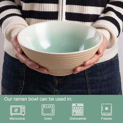 Ceramic Japanese Ramen Bowl Set, 2 Sets Asian Pho Udon Soup Noodle Bowls with Spoons and Chopsticks (Green, 8 inches) - color: Green