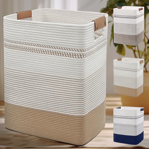 Laundry Hamper, 85L Cotton Rope Laundry Basket, Jute & White | Foldable nursery hamper with leather handles; store blankets, toys, baby clothes and laundry in bedroom or living room - color: Jute & White, size: 85L