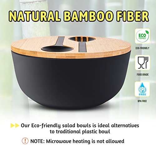 ECOWAY Bamboo Fiber Salad Bowl with Lid & Servers, 4Qt, Melamine Salad Serving Bowls Set with Bamboo Lid, Salad Mixing Bowl with Spoon Fork for Fruits Vegetables and Pasta (Black, 9.8inch) - color: Black with lid