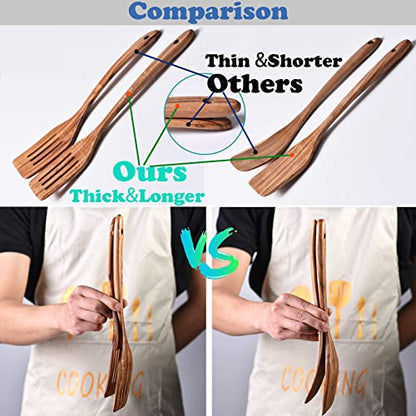 Gudamaye 13 inch Long Wooden Spoons for Cooking,Wooden Utensils for Cooking with Utensils Holder,9 PCES Wooden Kitchen Utensils Set with Utensils Holder and Spoon Rest,Natural Teak Wooden Spoons Set - size: 9 PCS with Holder