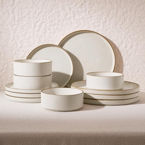 Famiware Nebula 12-Piece Dinnerware Set, Matte Beige White with Brown Rim | Stoneware Plates and Bowls, Handmade Reactive Glaze, Microwave & Dishwasher Safe, Chip & Scratch Resistant - color: Matte Beige White with Brown Rim, size: Service for 4 (Standard