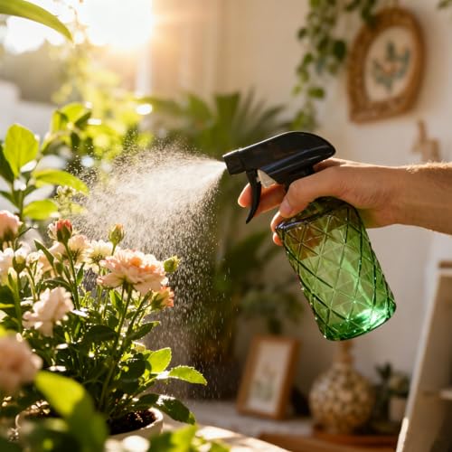 YYTSGG Green Glass Plant Mister Bottle, 12oz Refillable | Water Spray Bottle with Adjustable Mist Nozzle for Indoor Flowers, Outdoor Gardening, Cleaning, Hair and Pets Care - color: Light Green