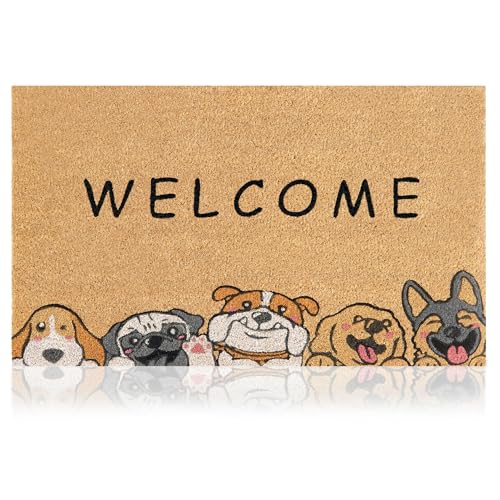 Coir Welcome Mat, Non-Slip, Welcome Dogs, 17 x 29 in | 100% Natural Coir, Anti-Shedding, Durable PVC Backing, Traps Dirt and Mud, Indoor and Outdoor Entryway, Easy to Clean - color: Welcome Dogs, size: 2'5" x 1'5" (Rectangular)