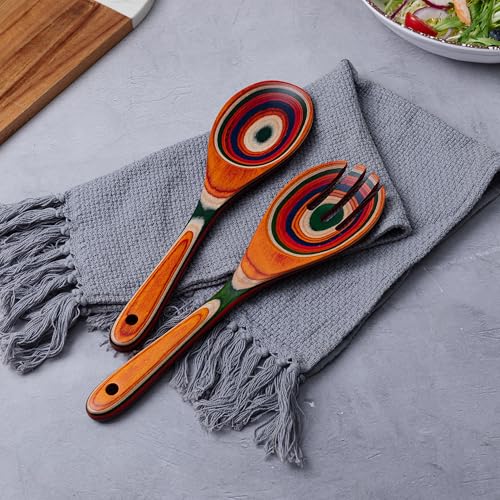 Pakkawood Salad Tongs,10.5 inch wooden Spoons, Serving utenstil colorful wood Salad Servers set, Kitchen cooking utensil set. - color: Pakkawood