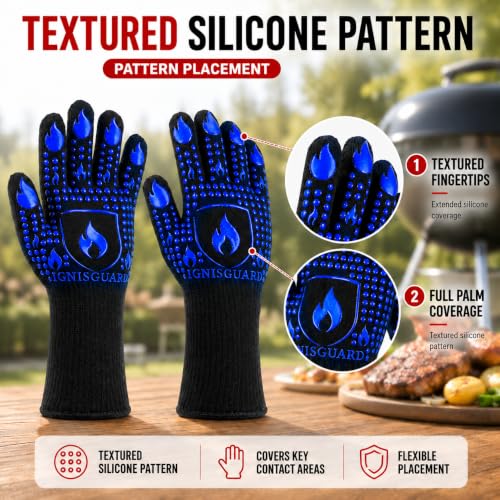 IGNISGUARD® BBQ Gloves, Heat Resistant Grill Gloves, 1 Pair, Blue (L) | EN407:2020 tested with textured silicone grip, three-layer construction and long knit cuff for added wrist coverage. - color: Blue, size: Large