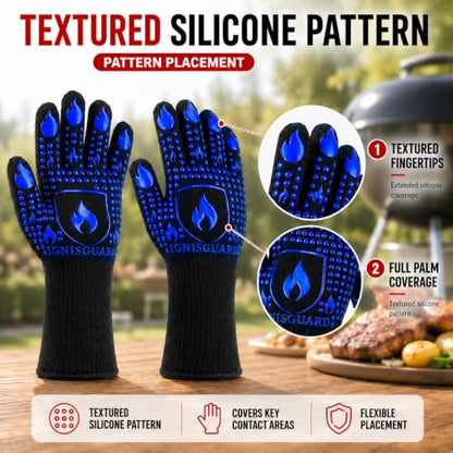 IGNISGUARD® BBQ Gloves, Heat Resistant Grill Gloves, 1 Pair, Blue (M) | EN407:2020 tested with textured silicone grip, three-layer construction and long knit cuff for added wrist coverage. - color: Blue, size: Medium