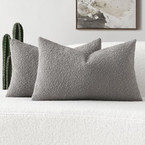 FUTEI Pack of 2 Light Grey Decorative Throw Pillow Covers 12x20 Inch Soft Cozy Solid Boucle Textured Lumbar Pillow Cases,Modern Home Decor for Couch Bed Living Room - color: Light Grey, size: 20" x 12" (Pack of 2)