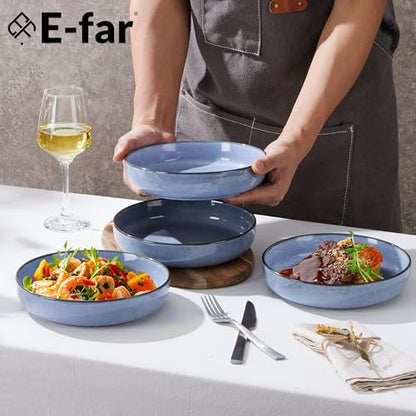 E-far Pasta Bowls Set of 4, 35oz Large Salad Bowls for Serving, Wide and Shallow Ceramic Plates for Kitchen, Double Reactive Glaze, Microwave and Dishwasher Safe, Ocean Blue - color: Ocean Blue