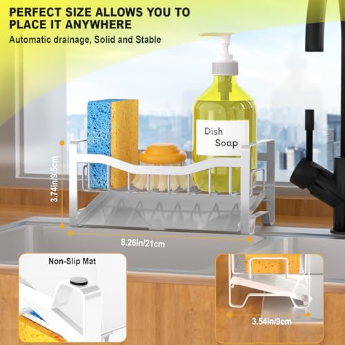 Stainless Steel Kitchen Sink Caddy Organizer with Auto Drain Tray, Sponge Holder for Countertop Storage (White) - color: White