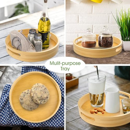 LorisArm 12 inch Round Serving Wooden Tray with Handles, Bamboo Decorative Ottoman Tray Serving for Serving Beverages & Food on Bar Living Room Home Dining Table.
