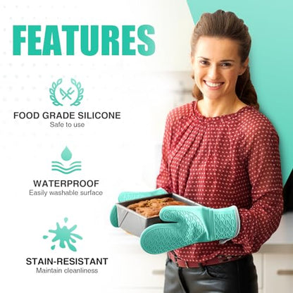 Silicone Oven Mitts, Heat Resistant 2PCS Oven Mitts with Soft Cotton Lining, Waterproof Non-Slip Grip Oven Glove, Kitchen Potholder Mits for BBQ, Baking, Cooking, 12.5 Inch - Green - color: Green