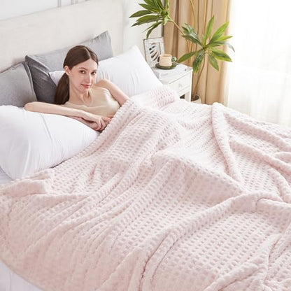 Soft Cozy Fuzzy Fleece Queen Size Blanket, Waffle Light Pink, 90x90 Inches – Lightweight, Fluffy, and Warm 3D Jacquard All-Season Blanket for Bed, Couch, Sofa, Camping, and Travel - color: Waffle Light Pink, size: Queen (90" x 90")
