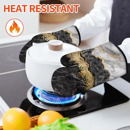 Black Gold Oven Mitts and Pot Holders Sets Marble Kitchen Accessories of 4 Heat Resistant Oven Gloves Hot Pads with Non-Slip Silicone Surface for Chef Cooking Baking - color: Black & Gold