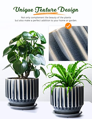 Plant Pots 6 inch Ceramic Pots for Indoor Plants Set of 2 Flower Pots Unique Crackle Glaze Design Plant Pots with Drainage Hole and Saucer Come with Drainage Nets (Grey) - color: Gray