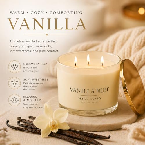 Luxury Vanilla Soy Candles, Large 3 Wick Jar Candle for Home | Up To 50 Hours Burn | 100% Natural Soy Wax, Beige Glass with Gold Lid, Luxury Gift for Women | Creamy Vanilla Scented