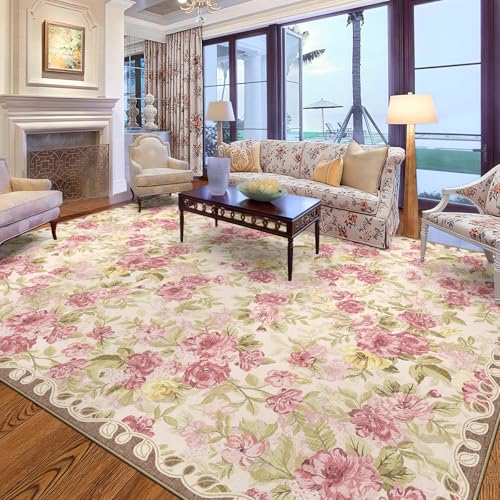 Washable 8x10 Area Rug, Cream Boho Floral Non-Slip for Living Room, Bedroom | Soft Low-Pile Faux Wool Indoor Farmhouse Carpet for Nursery, Dining Room, Kid & Pet Friendly, Stain, Fade & Wear Resistant - color: Dusty Pink, Cream and Sage Green, size: 8' x