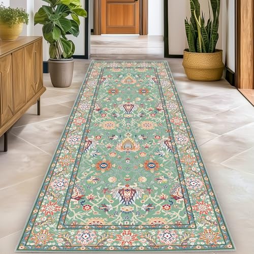 Washable 2x10 Hallway Runner Rug, Non-Slip Low Pile Cozy Kitchen Runner Rug, Sage Green Boho Vintage Floral, Ultra Soft, Stain Resistant, Pet & Kid Friendly Rugs for Bedroom Bathroom Laundry Room - color: Sage Green, size: 2' x 10' (Rectangular)